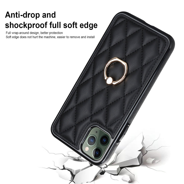 For iPhone 11 Pro Rhombic PU Leather Phone Case with Ring Holder