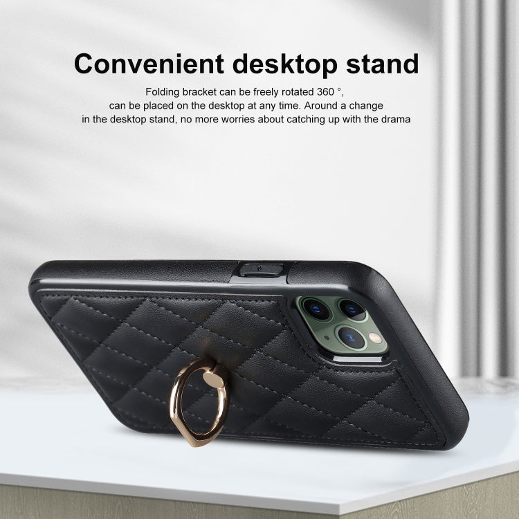 For iPhone 11 Pro Rhombic PU Leather Phone Case with Ring Holder