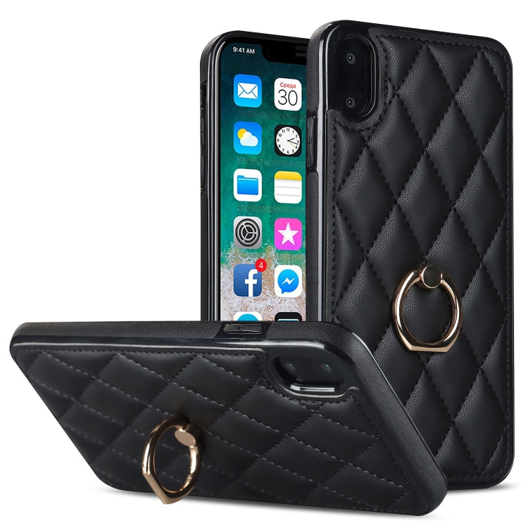 For iPhone X / XS Rhombic PU Leather Phone Case with Ring Holder