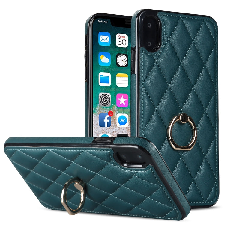For iPhone X / XS Rhombic PU Leather Phone Case with Ring Holder