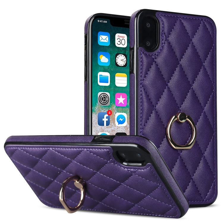 For iPhone X / XS Rhombic PU Leather Phone Case with Ring Holder