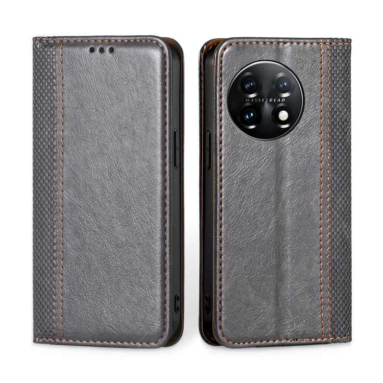 For OnePlus 11 Grid Texture Magnetic Flip Leather Phone Case