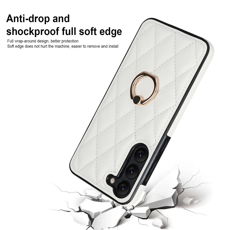 For Samsung Galaxy S23 5G Rhombic PU Leather Phone Case with Ring Holder