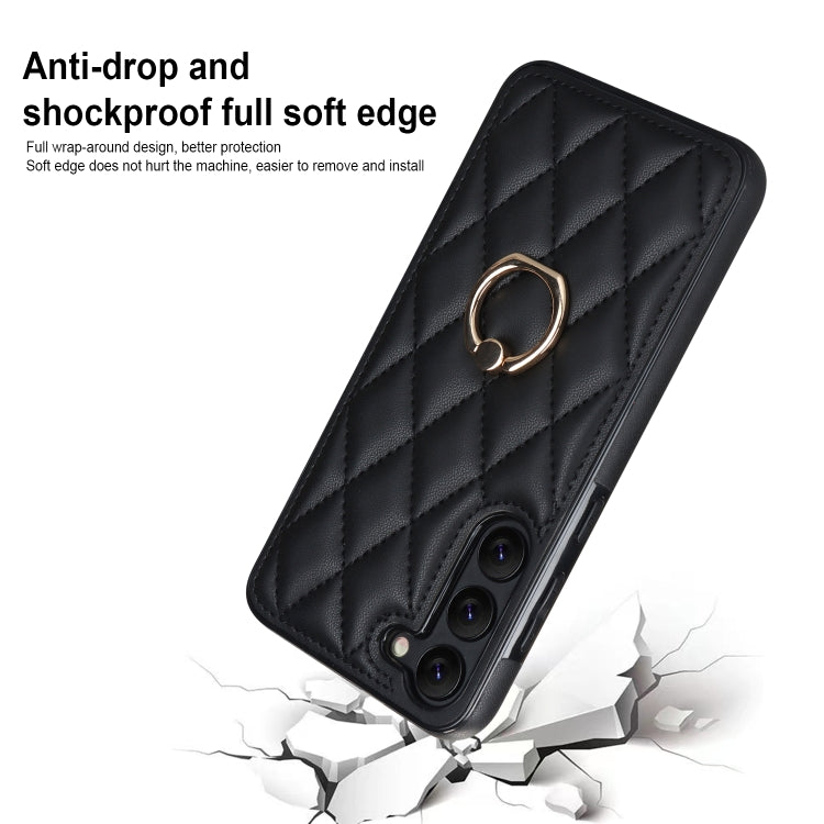 For Samsung Galaxy S23 5G Rhombic PU Leather Phone Case with Ring Holder