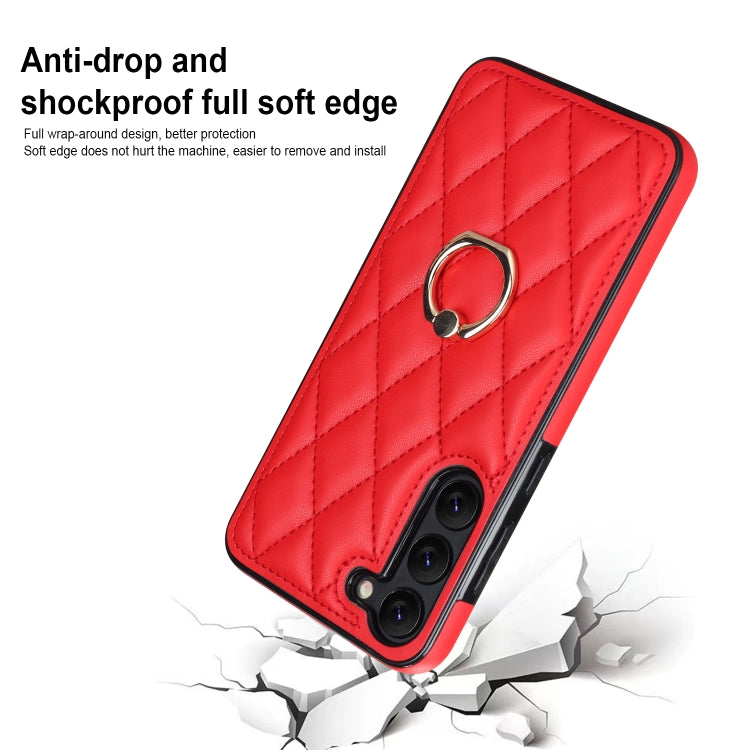 For Samsung Galaxy S23 5G Rhombic PU Leather Phone Case with Ring Holder