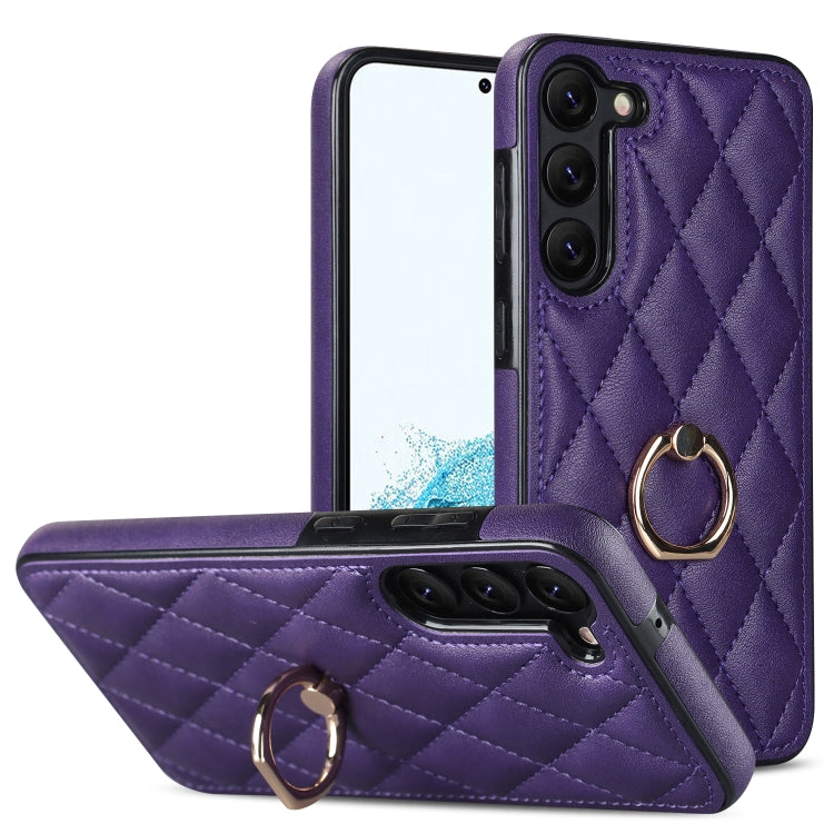 For Samsung Galaxy S23 5G Rhombic PU Leather Phone Case with Ring Holder