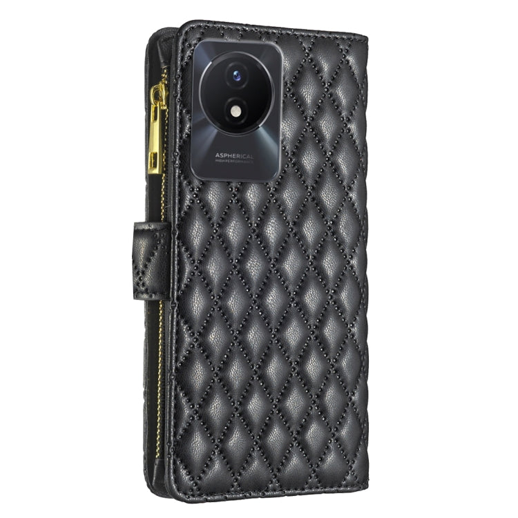 For vivo Y02 4G Diamond Lattice Zipper Wallet Leather Flip Phone Case