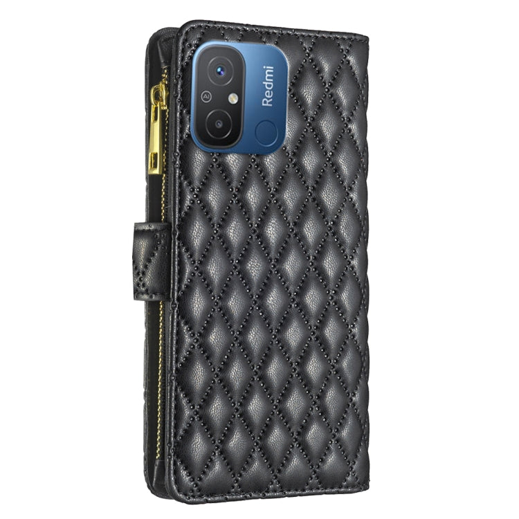 For Xiaomi Redmi 12C Diamond Lattice Zipper Wallet Leather Flip Phone Case