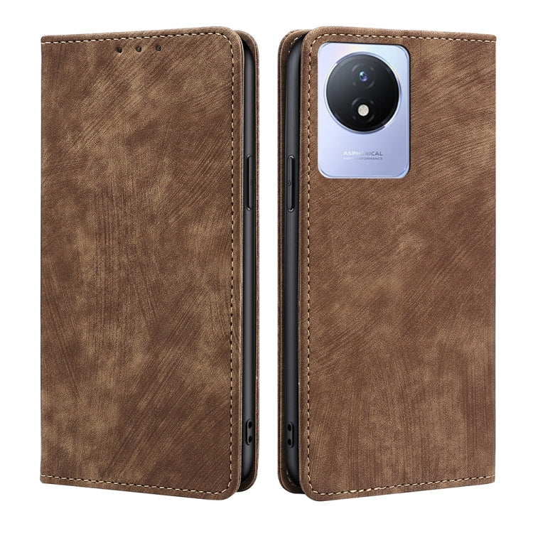 For vivo Y02 4G RFID Anti-theft Brush Magnetic Leather Phone Case