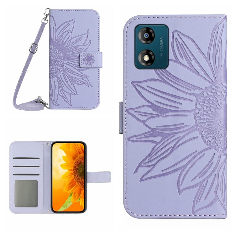 For Motorola Moto E13 4G HT04 Skin Feel Sun Flower Embossed Flip Leather Phone Case with Lanyard