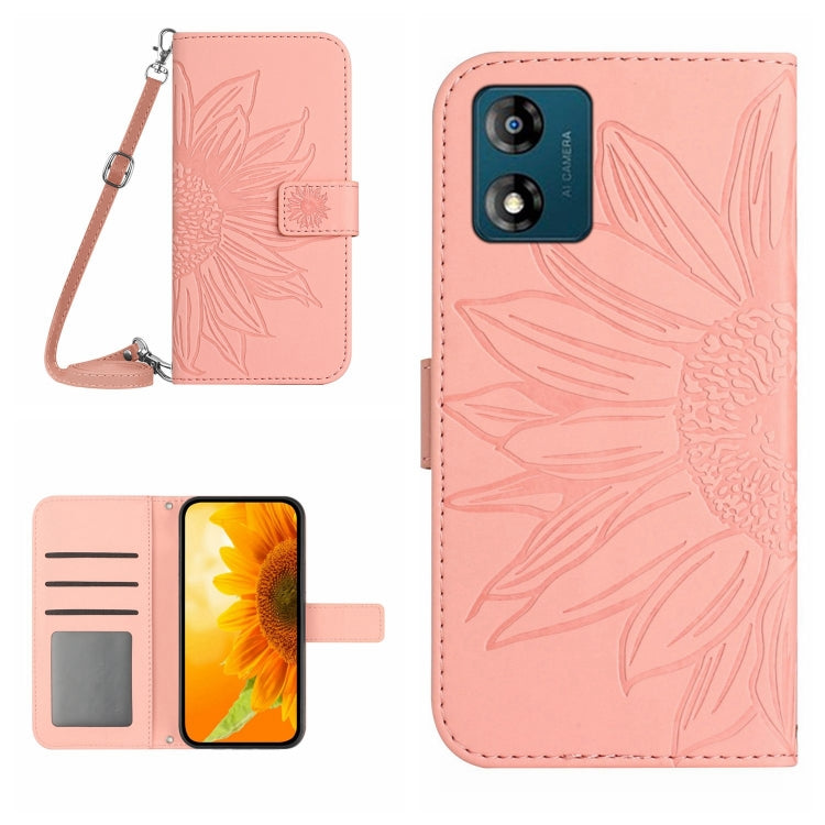 For Motorola Moto E13 4G HT04 Skin Feel Sun Flower Embossed Flip Leather Phone Case with Lanyard