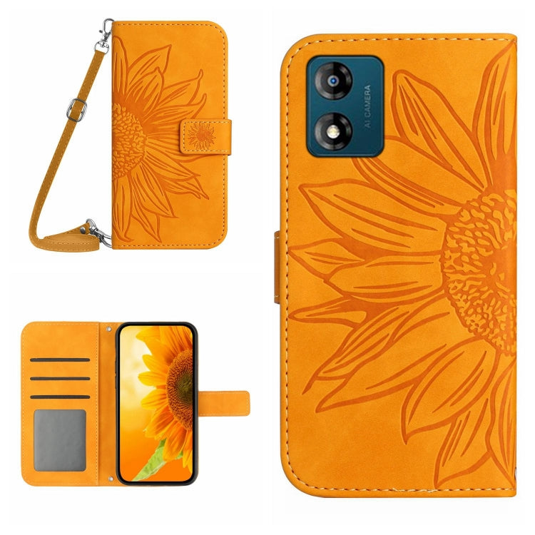 For Motorola Moto E13 4G HT04 Skin Feel Sun Flower Embossed Flip Leather Phone Case with Lanyard