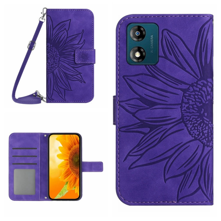For Motorola Moto E13 4G HT04 Skin Feel Sun Flower Embossed Flip Leather Phone Case with Lanyard