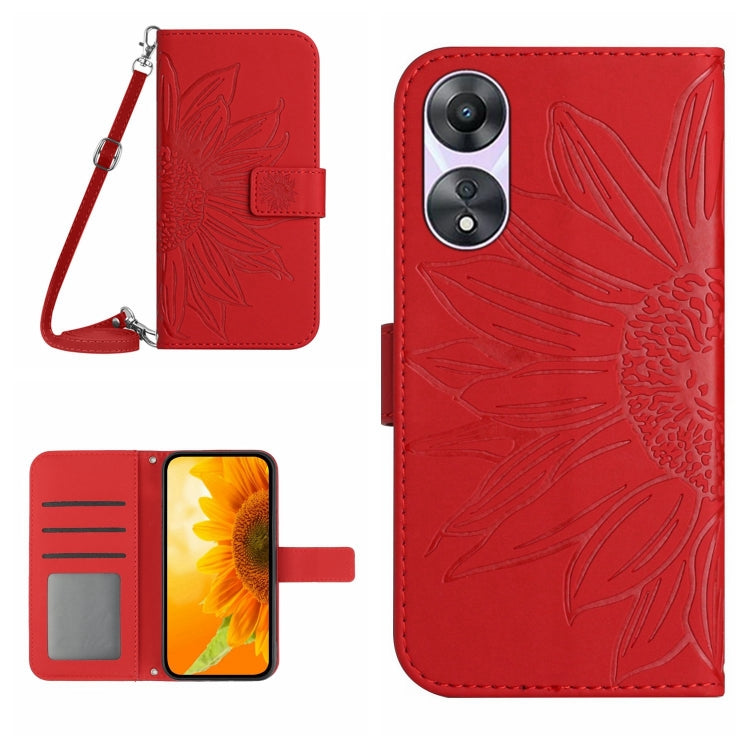 For OPPO Reno8 T 4G HT04 Skin Feel Sun Flower Embossed Flip Leather Phone Case with Lanyard