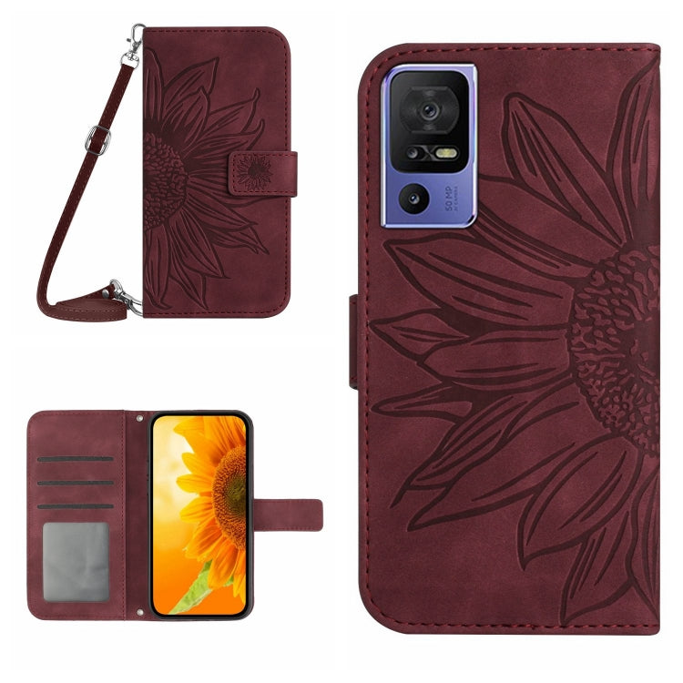 For TCL 40 SE HT04 Skin Feel Sun Flower Embossed Flip Leather Phone Case with Lanyard