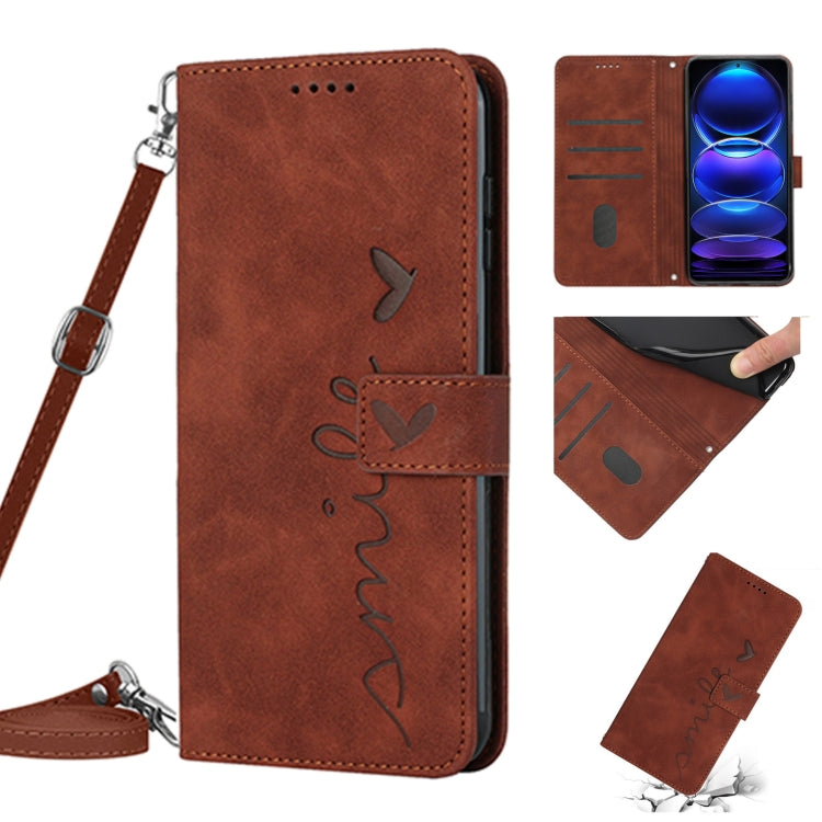 For Xiaomi Redmi Note 12 Global / Poco X5 5G Skin Feel Heart Pattern Leather Phone Case with Lanyard