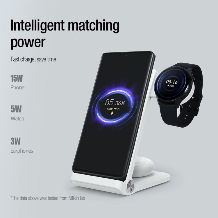 NILLKIN 3 in 1 Wireless Charger with Xiaomi S1 Pro Watch Charger, Plug Type:EU Plug(White)