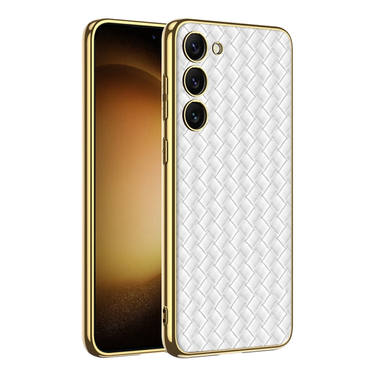 For Samsung Galaxy S23 5G GKK Weave Texture Electroplating PU Protective Phone Case