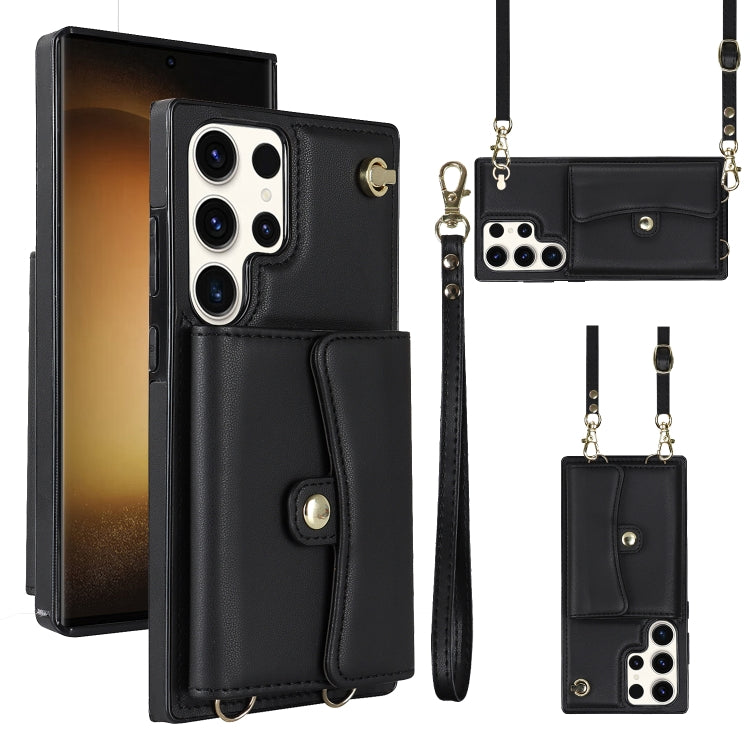 For Samsung Galaxy S23 Ultra 5G RFID Card Slot Leather Phone Case with Long Lanyard