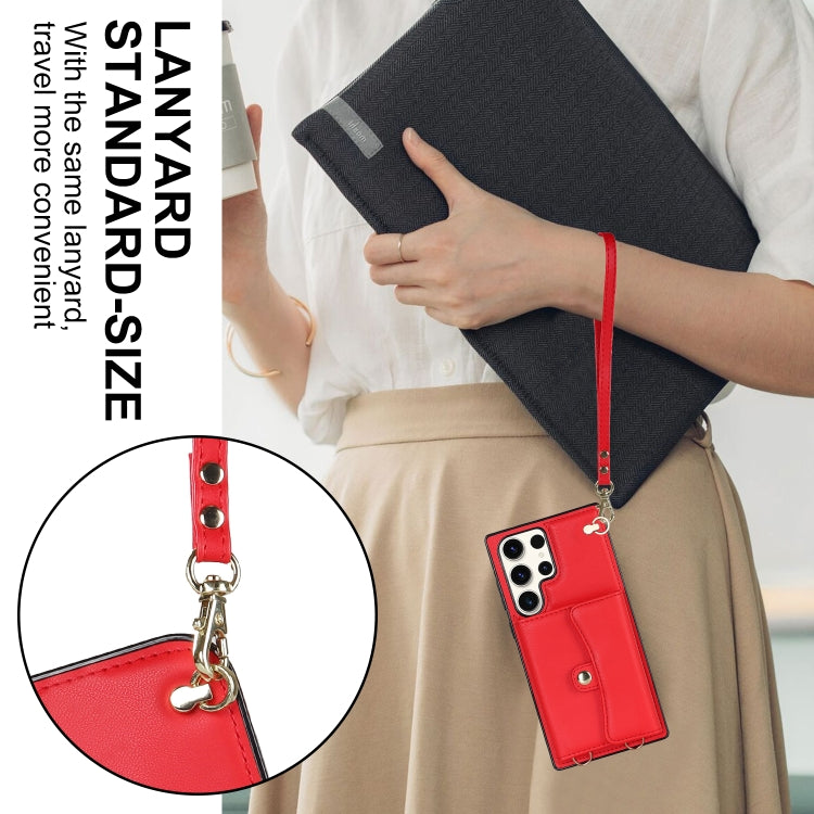For Samsung Galaxy S23 Ultra 5G RFID Card Slot Leather Phone Case with Long Lanyard