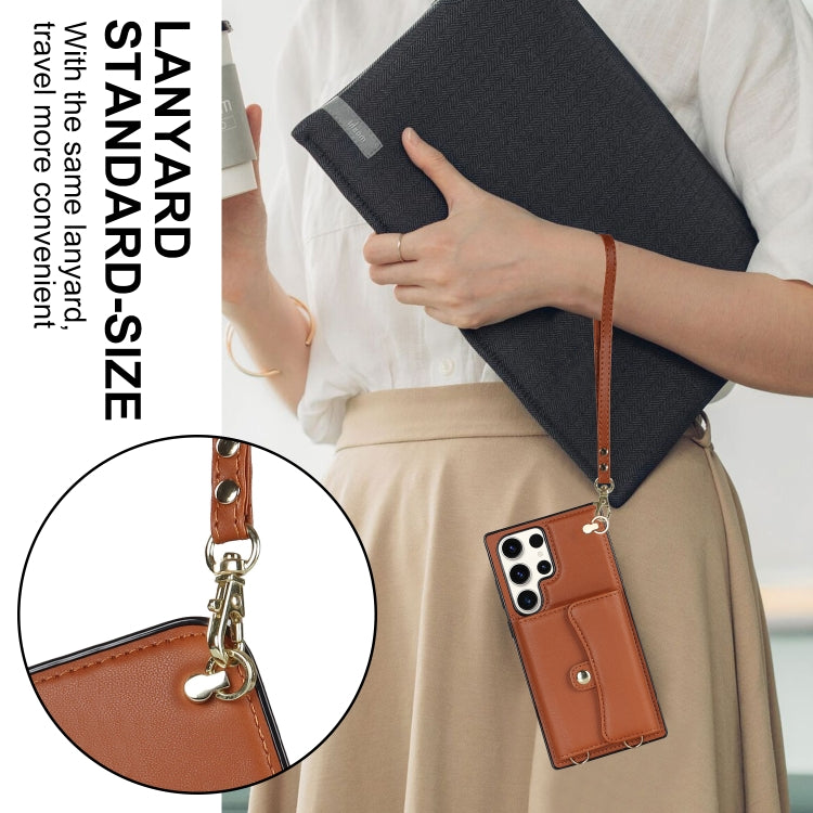 For Samsung Galaxy S23 Ultra 5G RFID Card Slot Leather Phone Case with Long Lanyard