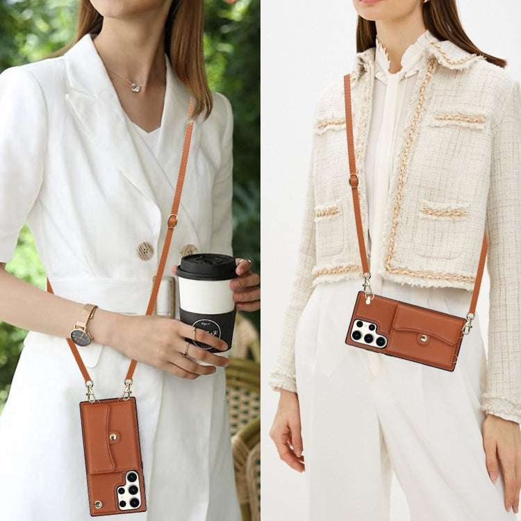 For Samsung Galaxy S23 Ultra 5G RFID Card Slot Leather Phone Case with Long Lanyard