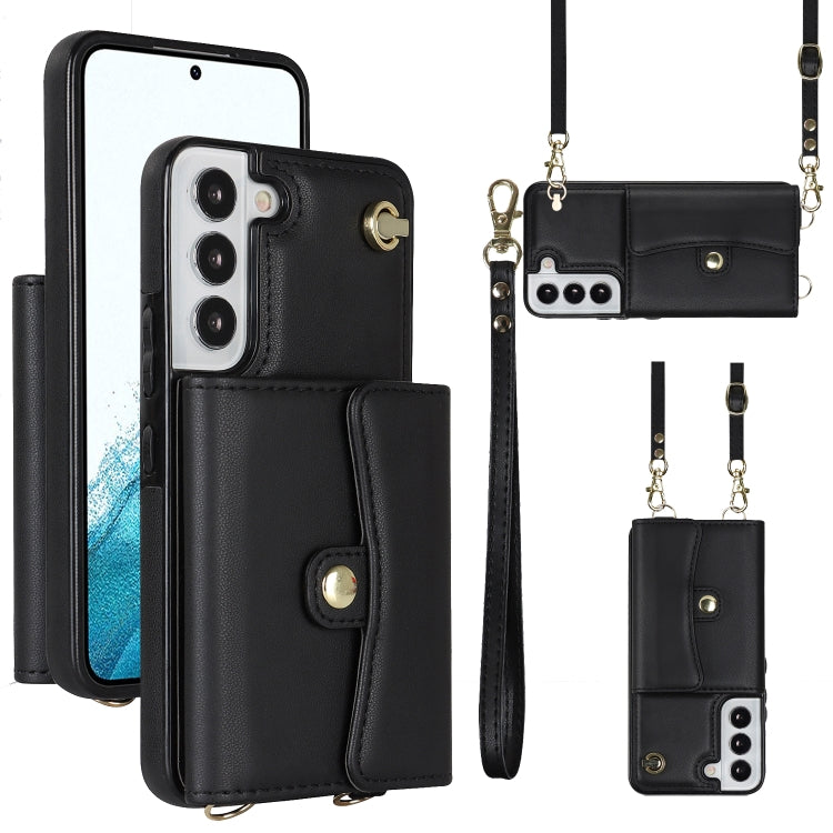 For Samsung Galaxy S22 5G RFID Card Slot Leather Phone Case with Long Lanyard