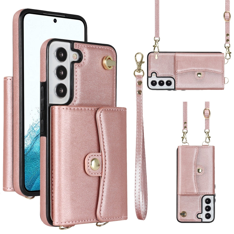 For Samsung Galaxy S22 5G RFID Card Slot Leather Phone Case with Long Lanyard