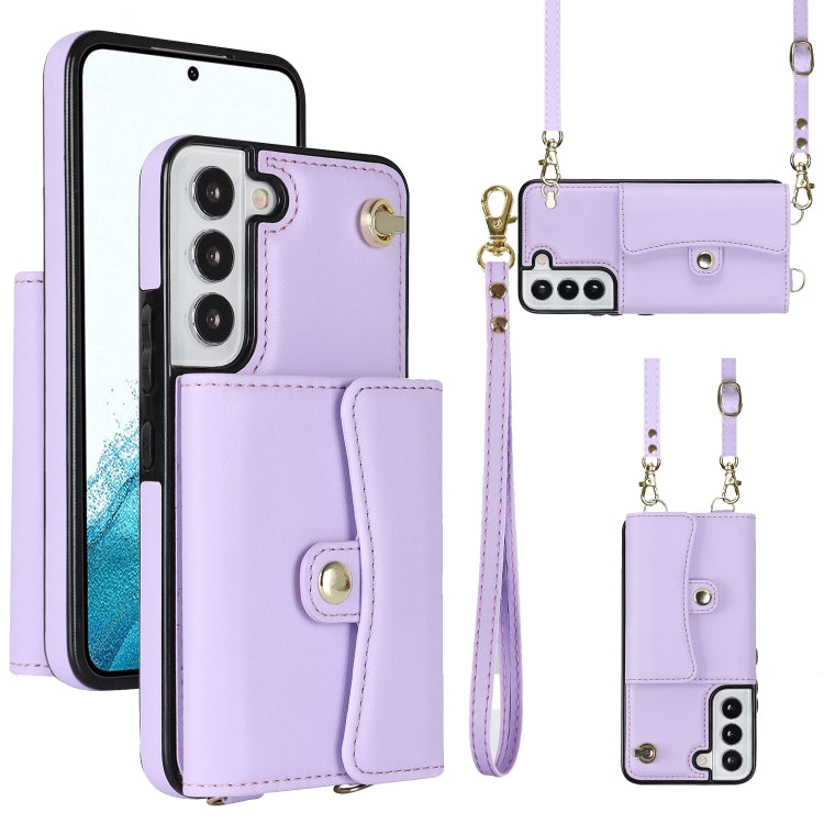 For Samsung Galaxy S22 5G RFID Card Slot Leather Phone Case with Long Lanyard