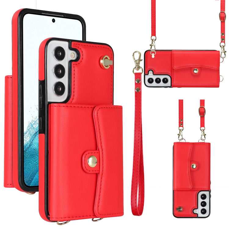 For Samsung Galaxy S22+ 5G RFID Card Slot Leather Phone Case with Long Lanyard