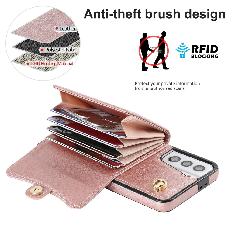 For Samsung Galaxy S21 5G RFID Card Slot Leather Phone Case with Long Lanyard