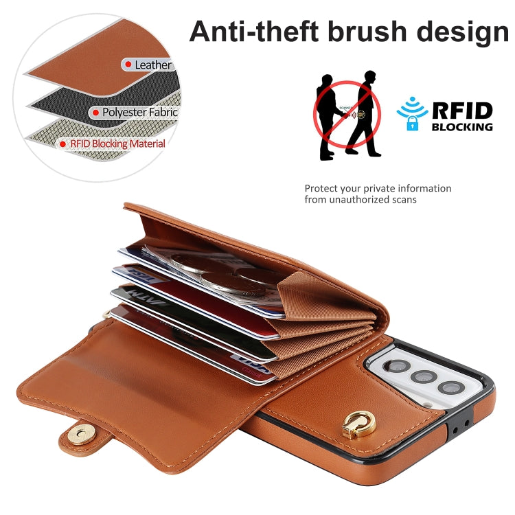 For Samsung Galaxy S21 5G RFID Card Slot Leather Phone Case with Long Lanyard