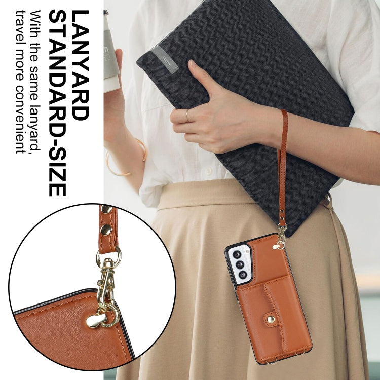 For Samsung Galaxy S21 5G RFID Card Slot Leather Phone Case with Long Lanyard