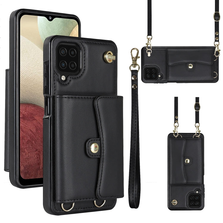 For Samsung Galaxy A12 RFID Card Slot Leather Phone Case with Long Lanyard