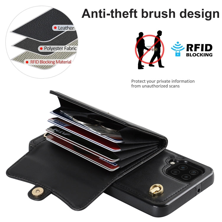 For Samsung Galaxy A12 RFID Card Slot Leather Phone Case with Long Lanyard