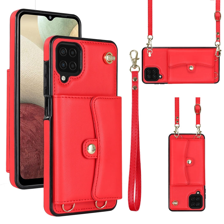 For Samsung Galaxy A12 RFID Card Slot Leather Phone Case with Long Lanyard