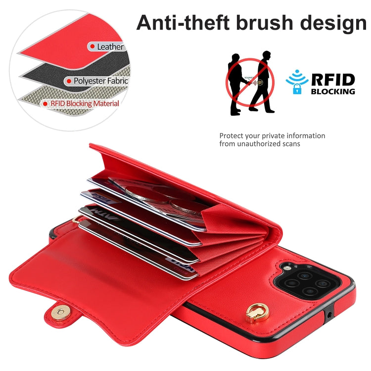 For Samsung Galaxy A12 RFID Card Slot Leather Phone Case with Long Lanyard