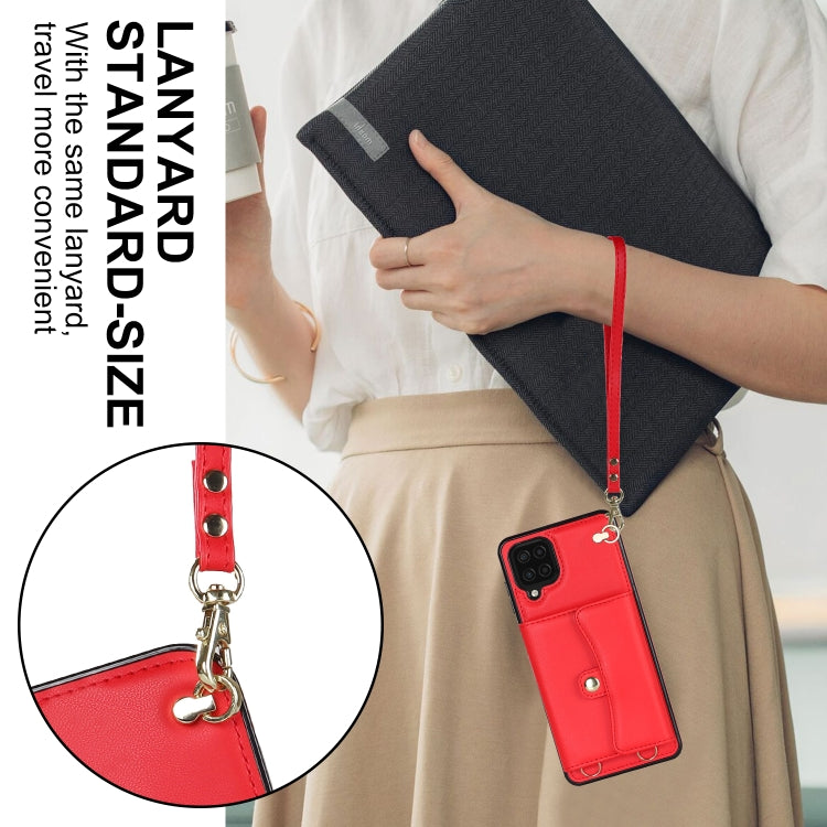 For Samsung Galaxy A12 RFID Card Slot Leather Phone Case with Long Lanyard