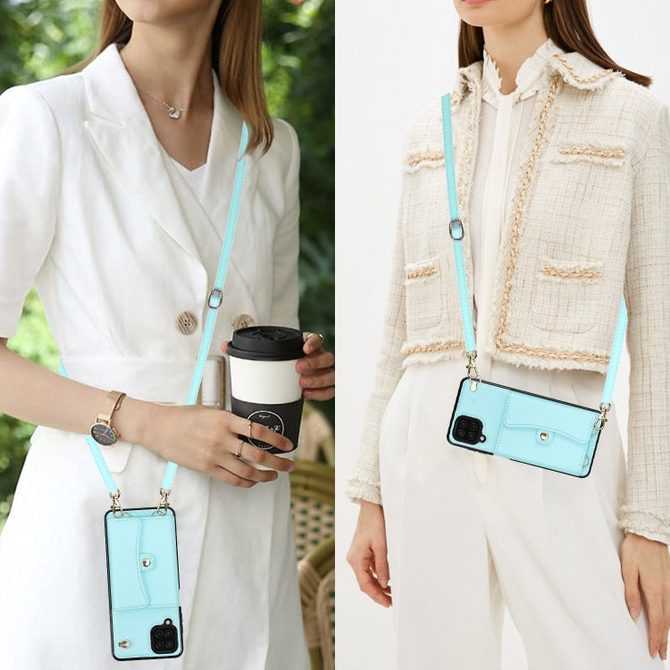 For Samsung Galaxy A12 RFID Card Slot Leather Phone Case with Long Lanyard