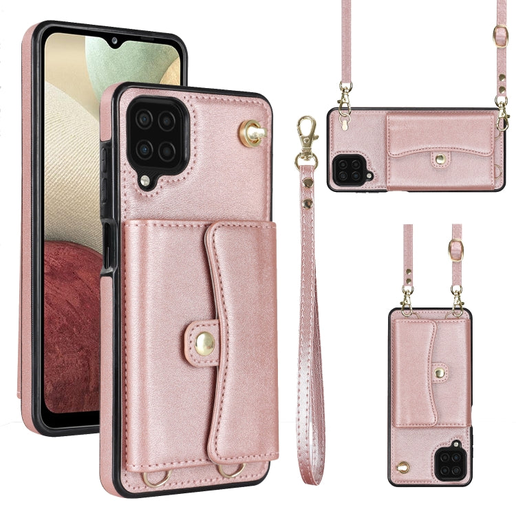 For Samsung Galaxy A12 RFID Card Slot Leather Phone Case with Long Lanyard