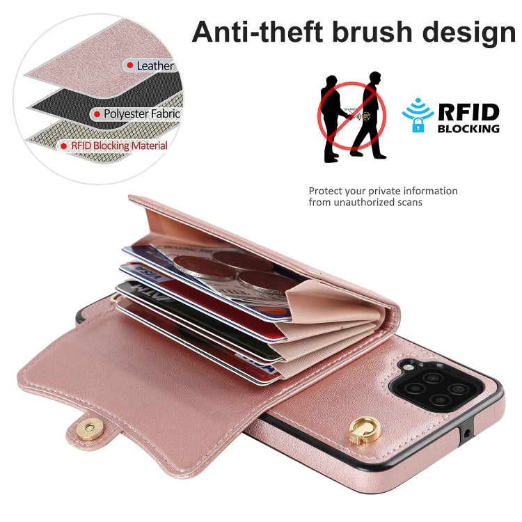 For Samsung Galaxy A12 RFID Card Slot Leather Phone Case with Long Lanyard