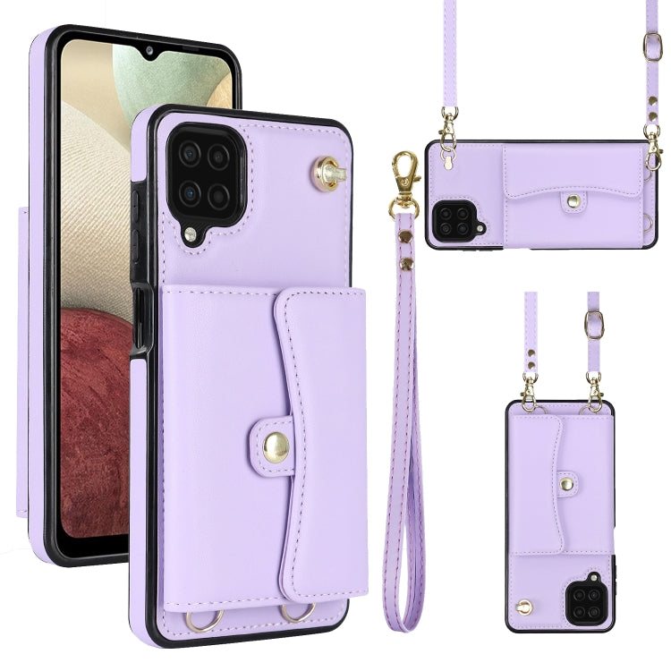 For Samsung Galaxy A12 RFID Card Slot Leather Phone Case with Long Lanyard