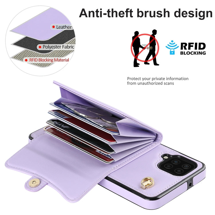 For Samsung Galaxy A12 RFID Card Slot Leather Phone Case with Long Lanyard
