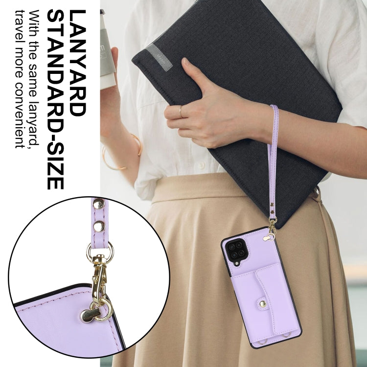 For Samsung Galaxy A12 RFID Card Slot Leather Phone Case with Long Lanyard
