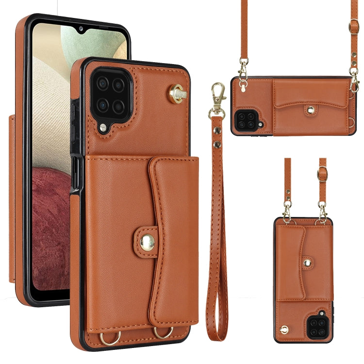 For Samsung Galaxy A12 RFID Card Slot Leather Phone Case with Long Lanyard