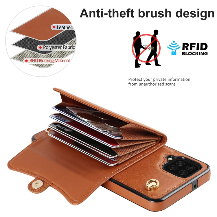 For Samsung Galaxy A12 RFID Card Slot Leather Phone Case with Long Lanyard