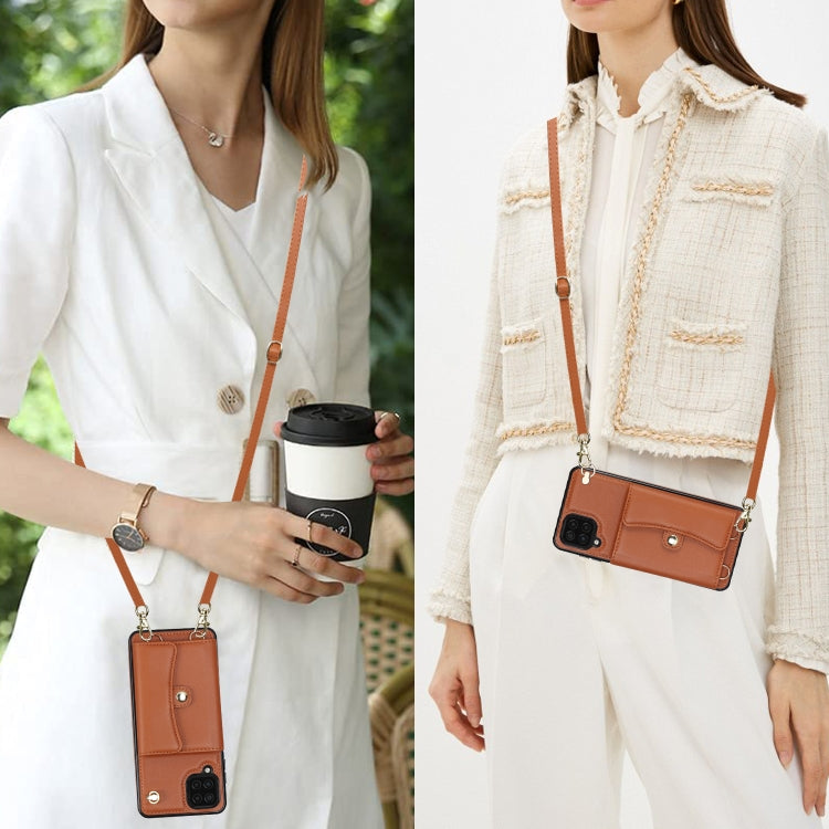 For Samsung Galaxy A12 RFID Card Slot Leather Phone Case with Long Lanyard