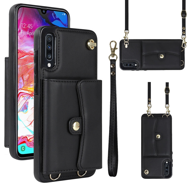 For Samsung Galaxy A70 RFID Card Slot Leather Phone Case with Long Lanyard