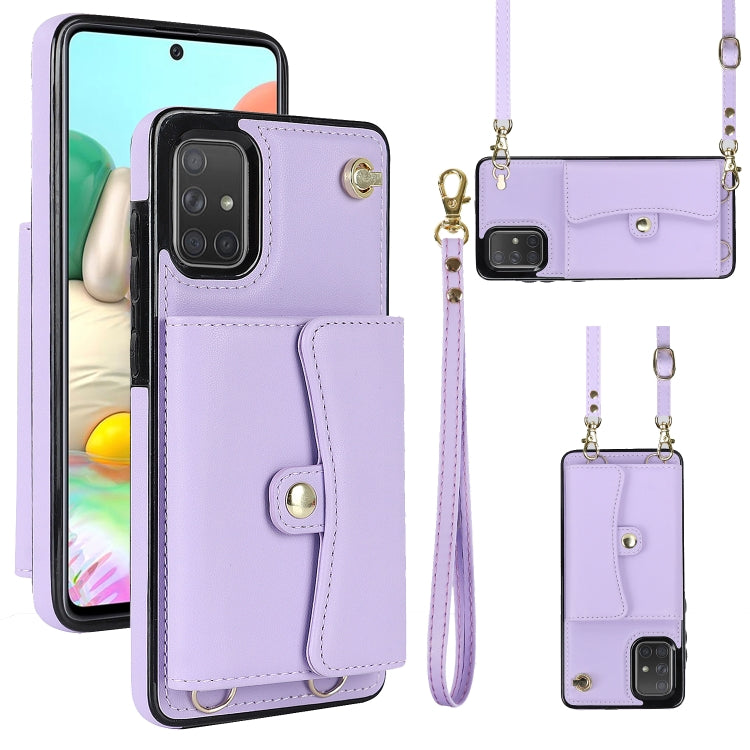For Samsung Galaxy A71 4G RFID Card Slot Leather Phone Case with Long Lanyard