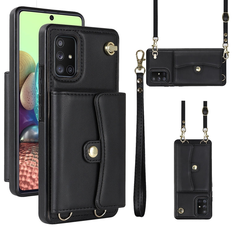 For Samsung Galaxy A71 5G RFID Card Slot Leather Phone Case with Long Lanyard